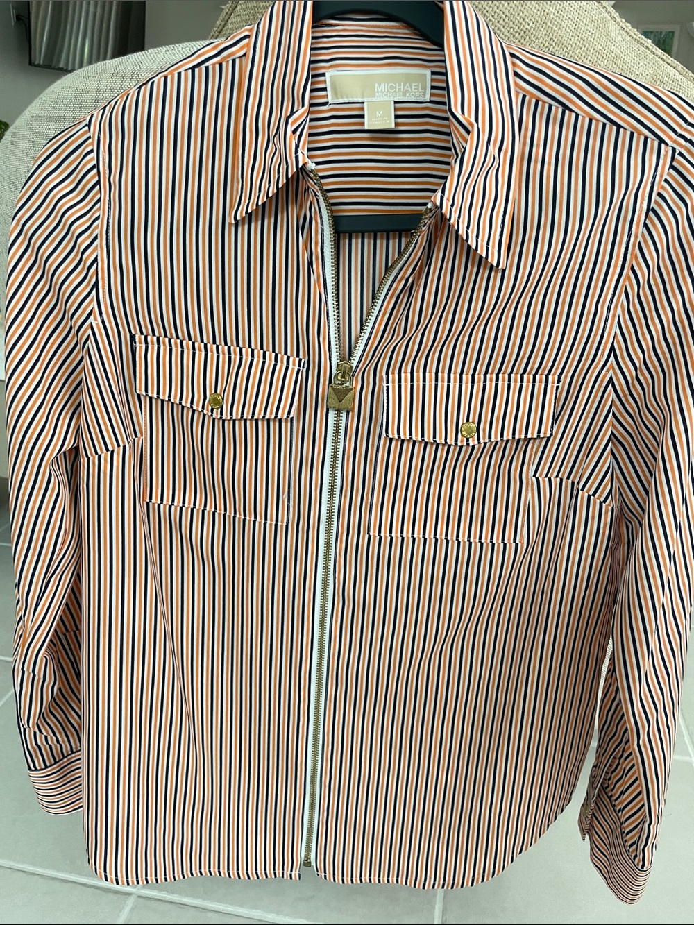Michael Kors Orange, Navy & White Striped Zip-Front Casual Shirt